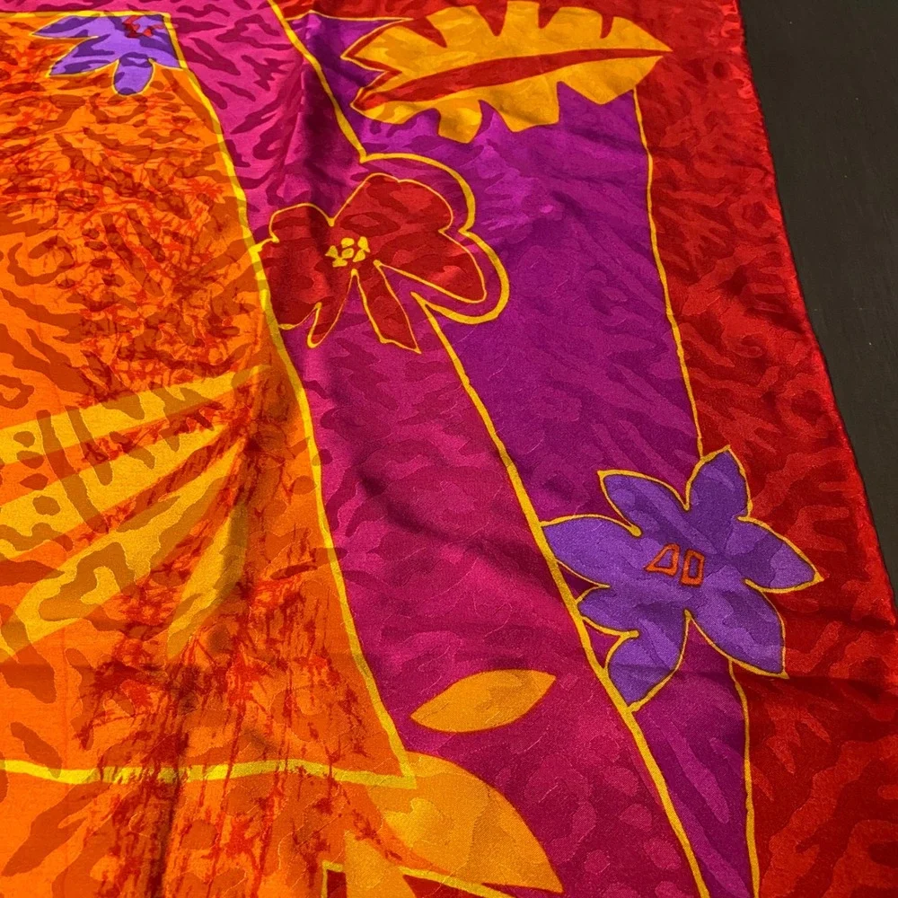 Liz Claiborne Vintage Square Scarf Tropical Floral Animal Print Orange Red Pink